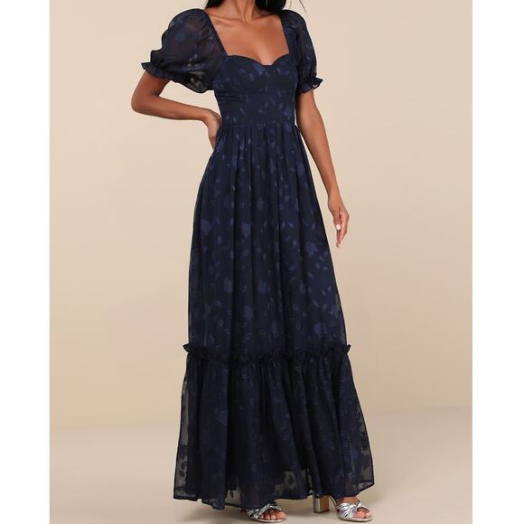 Lulus NWOT Phenomenal Sweetness Navy Floral Burnout Bustier Maxi Dress Small - Picture 1 of 10